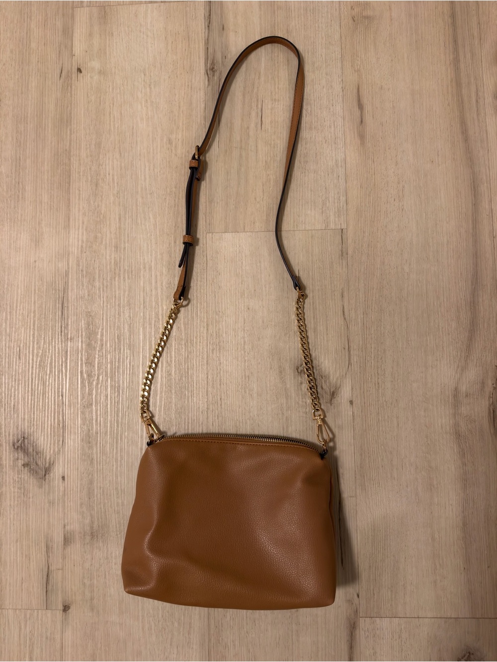 Aldo Adjustable Tan Leather Crossbody Bag with Gold Chain Strap